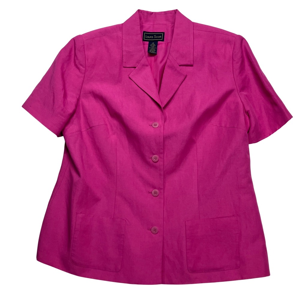 Laura Scott Women's Blazer Jacket Pink Linen Blend Short Sleeve Button Front  18